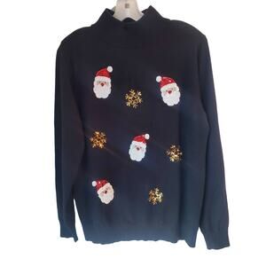 Victoria Harbour Christmas Santa Snowflake Sequin Sweater Womens Large Black
